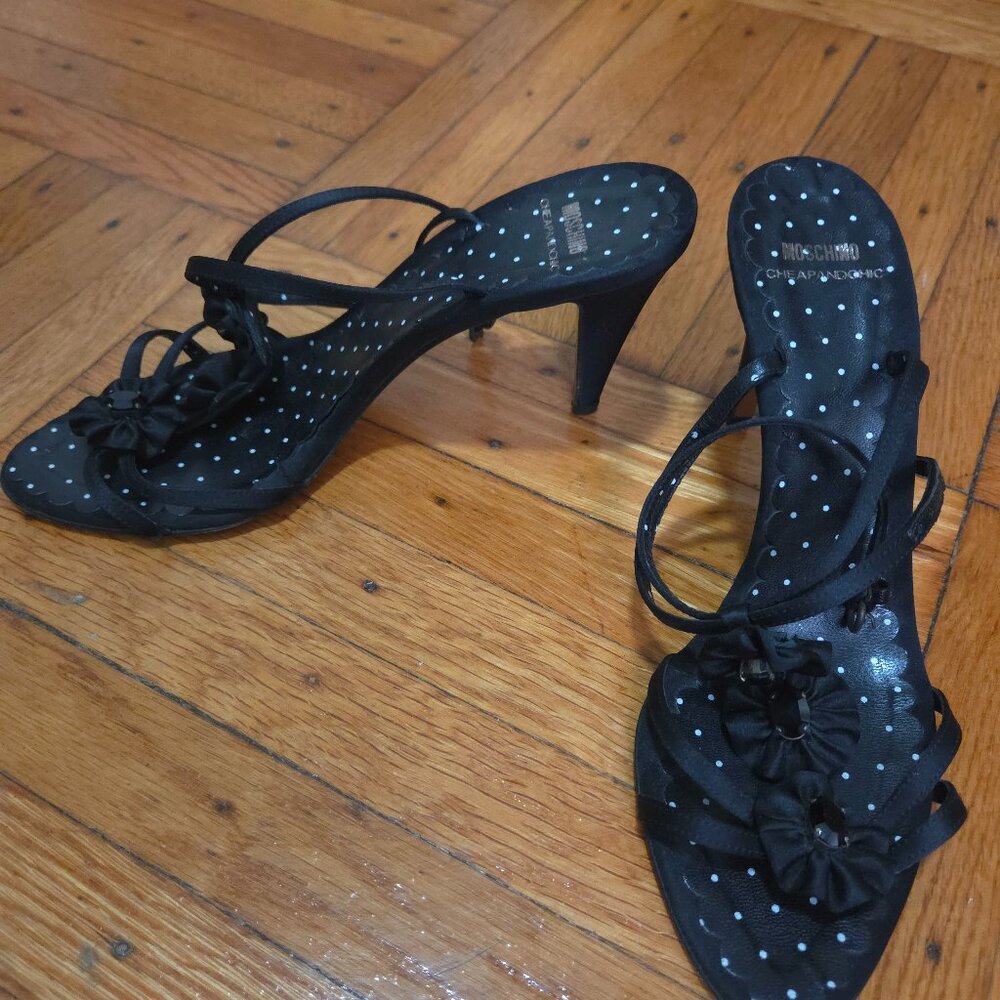 Rare Vintage 1990s Moschino Embellished Ribbon and Gem Black Sandals